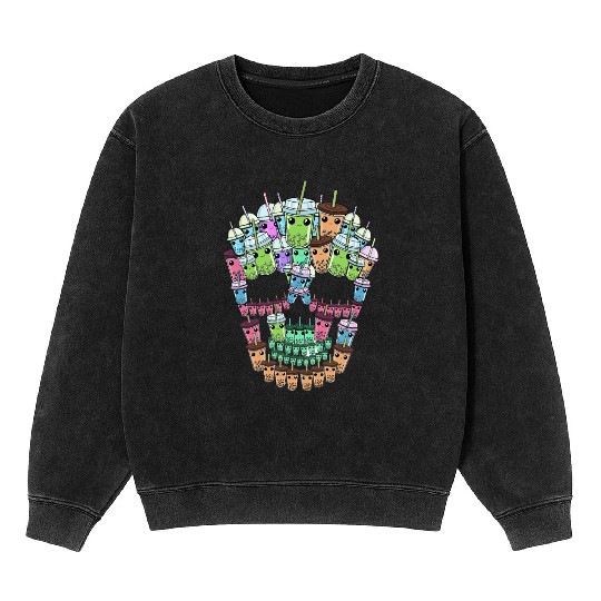 Bubble Tea Skull Mineral Wash Sweatshirts Men Boba Tea
