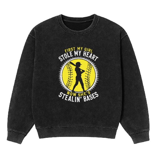 Stole Heart Softball Dad Funny Daddy Father's Day Mineral Wash Sweatshirts