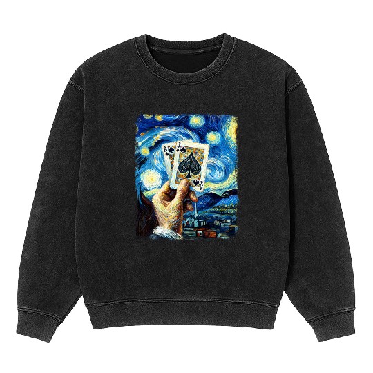 Blackjack Gambling Cards Starry Night Painting Mineral Wash Sweatshirts