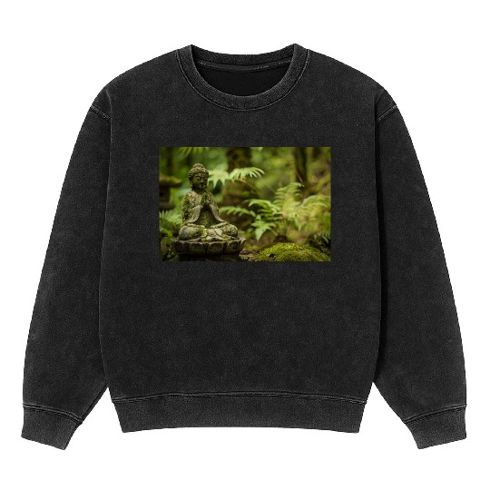 Zen Buddha Statue in Serene Forest Setting Mineral Wash Sweatshirts