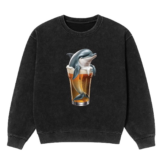 Dolphin Drinking Beer Realistic Mineral Wash Sweatshirts