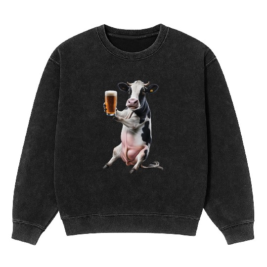 Cow Drinking Beer Realistic Mineral Wash Sweatshirts