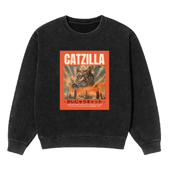 Catzilla Vintage Japanese Funny Angry Cat Mineral Wash Sweatshirts