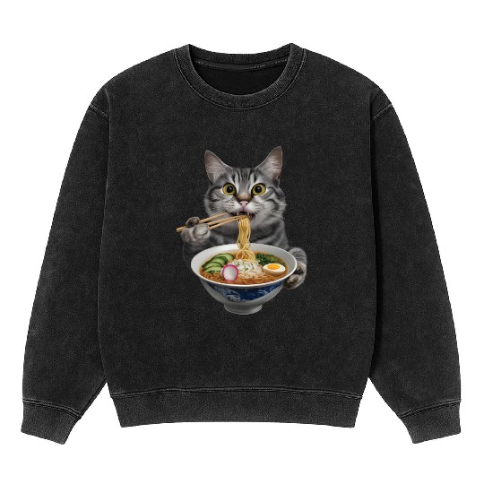 Cat Eating Ramen Realistic Mineral Wash Sweatshirts