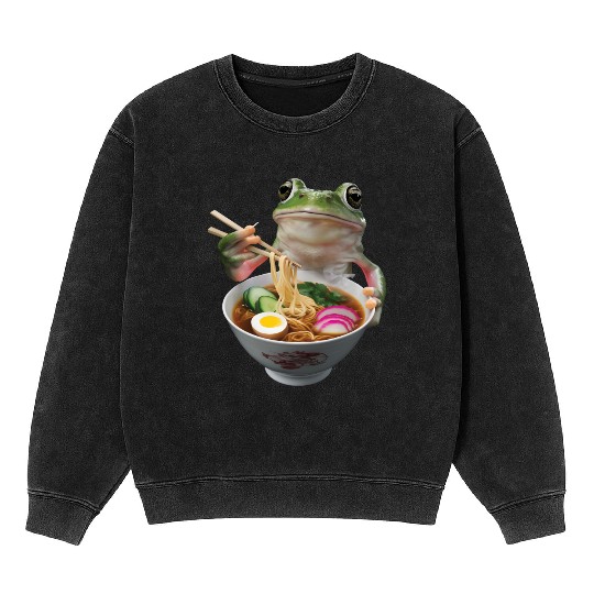 Frog Eating Ramen Realistic Mineral Wash Sweatshirts