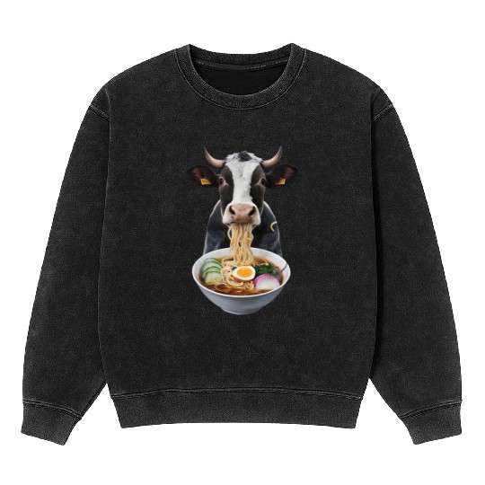 Cow Eating Ramen Realistic Mineral Wash Sweatshirts