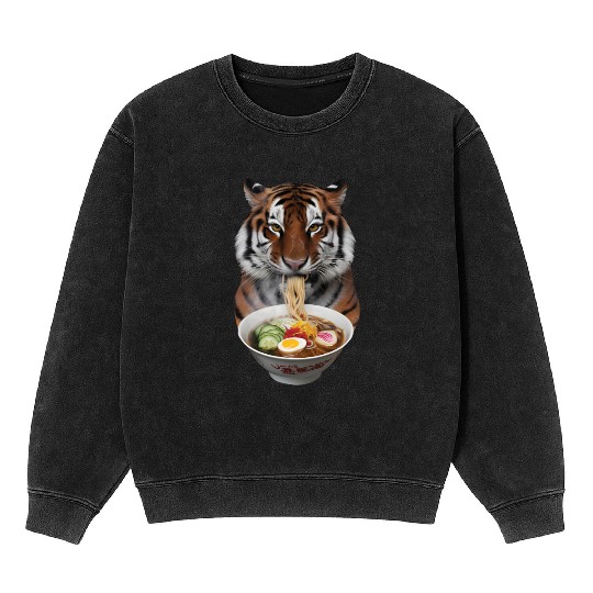 Tiger Eating Ramen Realistic Mineral Wash Sweatshirts