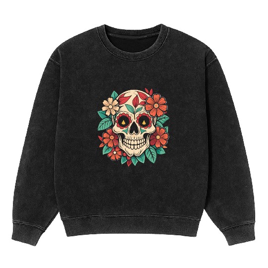 Vintage Retro Halloween Sugar Skull with floral Mineral Wash Sweatshirts