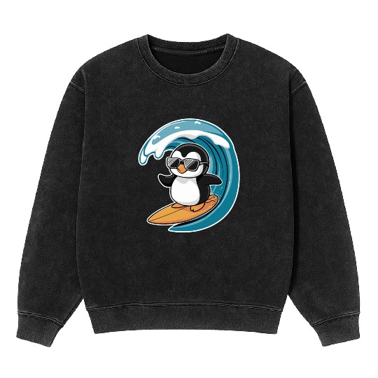 Cool Surfing Penguin Riding the Waves Mineral Wash Sweatshirts