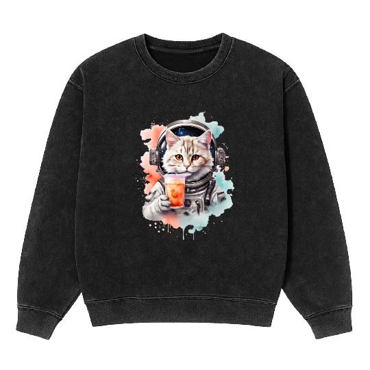 Space Cat Japanese Retro Kawaii Cute Kawaii Astron Mineral Wash Sweatshirts
