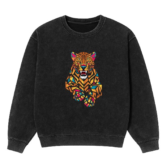 Colorful Geometric Jaguar Illustration Mineral Wash Sweatshirts