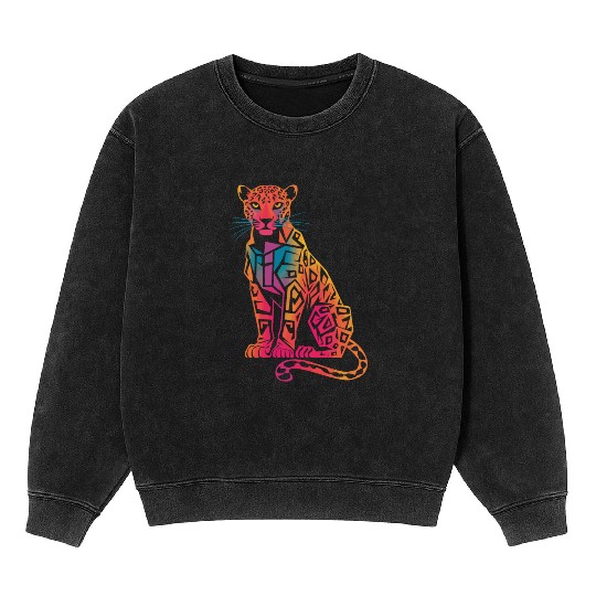 Colorful Geometric Jaguar Artwork for Bold Mineral Wash Sweatshirts