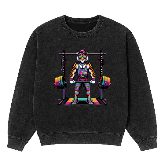 Muscular Rainbow Tiger Deadlifting Mineral Wash Sweatshirts