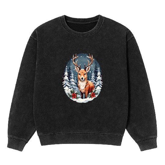 Christmas Deer with Poinsettia and Snow Mineral Wash Sweatshirts