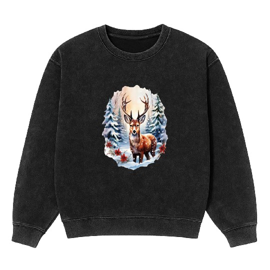 Christmas Deer with Poinsettia and Snow Mineral Wash Sweatshirts
