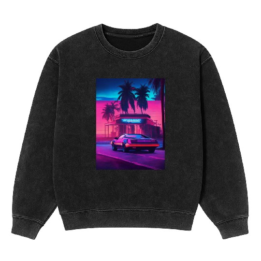 Retro Synthwave Night Drive Mineral Wash Sweatshirts