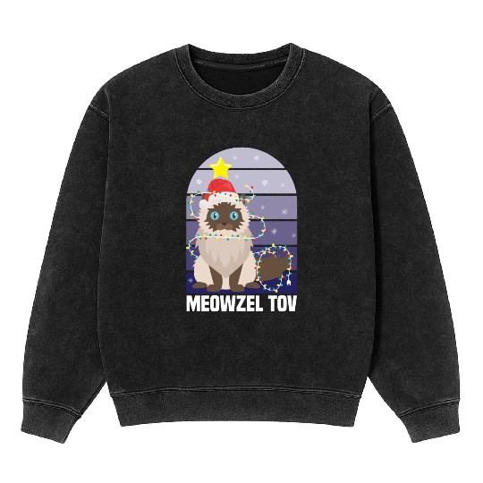 Meowzel Tov Hanukkah Black Cat Christmas Lights Mineral Wash Sweatshirts