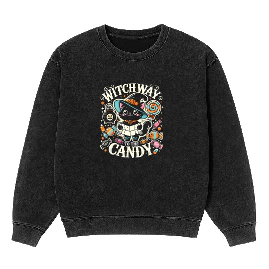 Halloween Cat Witch Candy Hunt Cute Trick or Treat Mineral Wash Sweatshirts