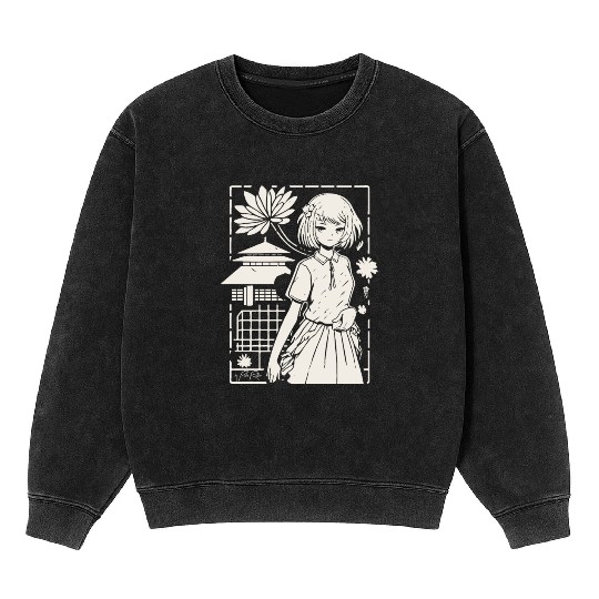 Japan: Sakura Girl Cartoon Mineral Wash Sweatshirts