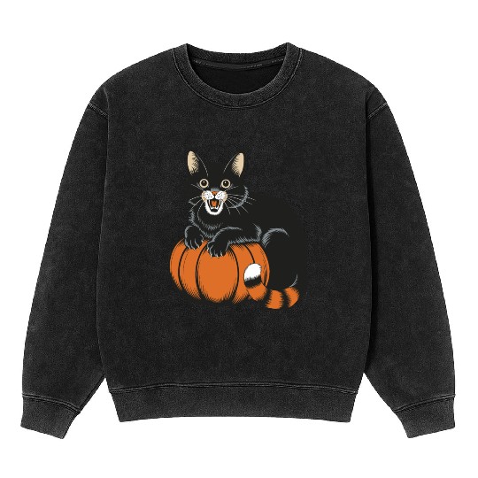 Surprised Halloween Cat With Pumpkin Vintage Style Mineral Wash Sweatshirts