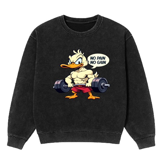 Buff Duck No Pain No Gain Gym Workout Cartoon Mineral Wash Sweatshirts
