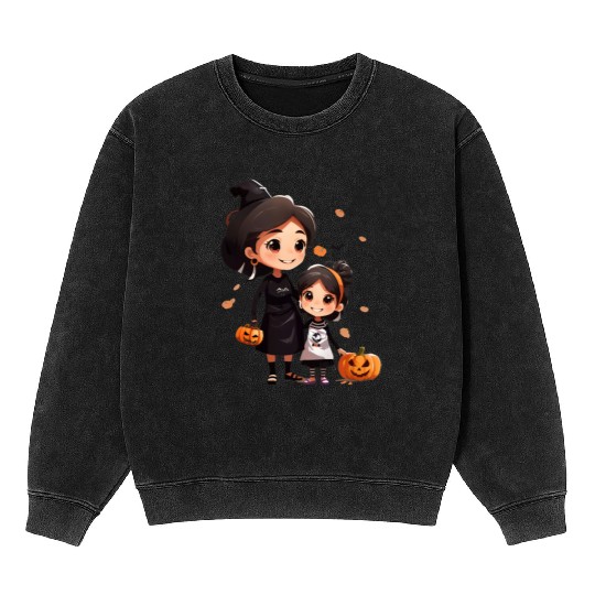 Mother and Daughter Halloween Trick-or-Treat Fun Mineral Wash Sweatshirts