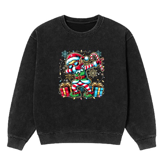 Dabbing Elf with Candy Cane and Presents Mineral Wash Sweatshirts