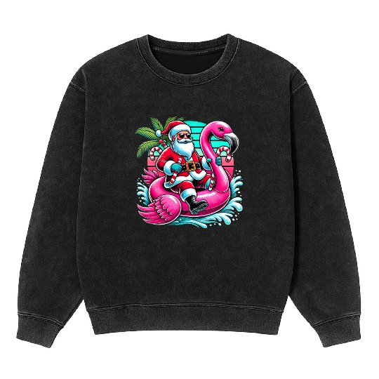 Santa Riding Flamingo in Tropical Christmas Fun Mineral Wash Sweatshirts