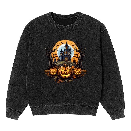 Spooky Haunted House Halloween Witches Pumpkin Mineral Wash Sweatshirts