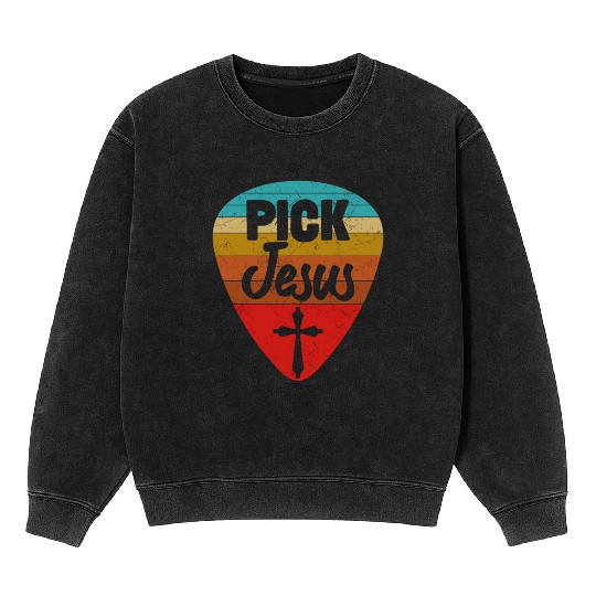 Vintage Guitarist Guitar Pick Christian Jesus Mineral Wash Sweatshirts