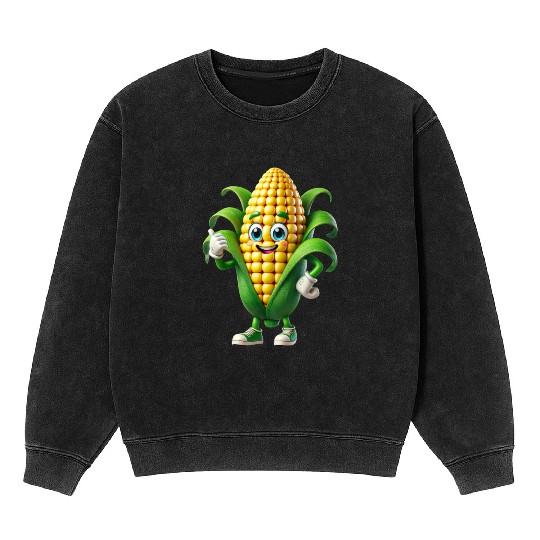 Happy Corn Cartoon Mascot Character Mineral Wash Sweatshirts