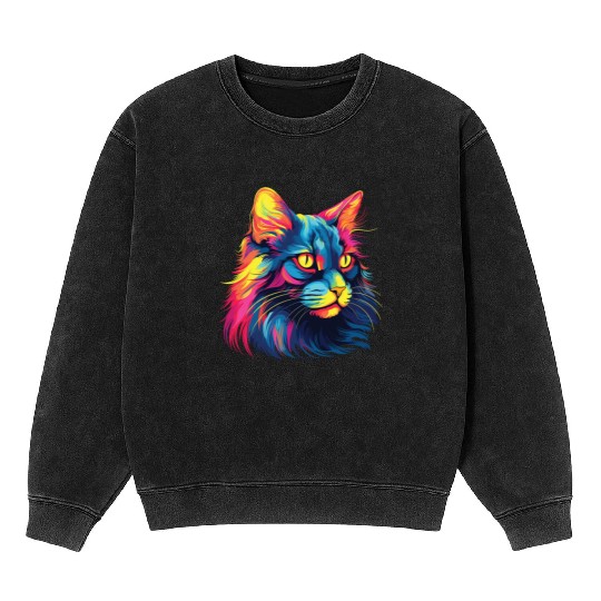 Cat Watercolor Colorful Maine Cat Mineral Wash Sweatshirts