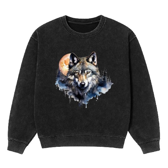 Wolf Portrait Under Full Moon Design Mineral Wash Sweatshirts