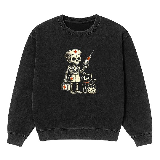 Creepy Nurse Skeleton with Pumpkin and Black Cat Mineral Wash Sweatshirts