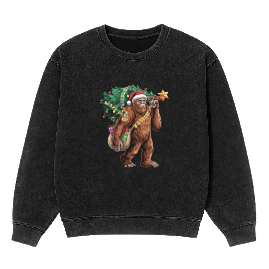 Bigfoot Christmas Tree Lights Xmas Sasquatch Lover Mineral Wash Sweatshirts