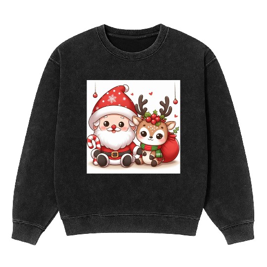 Festive Santa and Reindeer Illustration Mineral Wash Sweatshirts