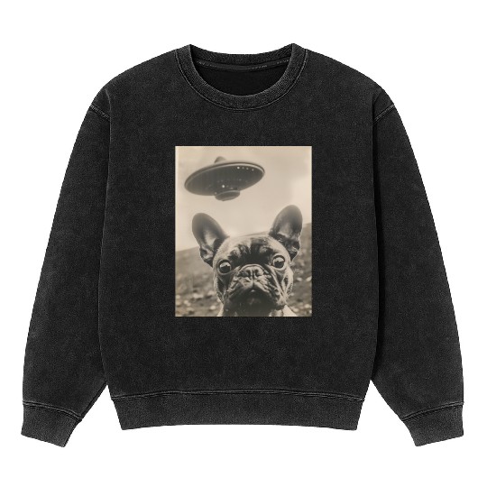 Funny French Bulldog Dog Selfie with UFOs Alien Mineral Wash Sweatshirts