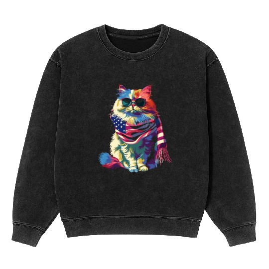 Persian Cat Patriotic US Flag Sunglasses Popart Mineral Wash Sweatshirts