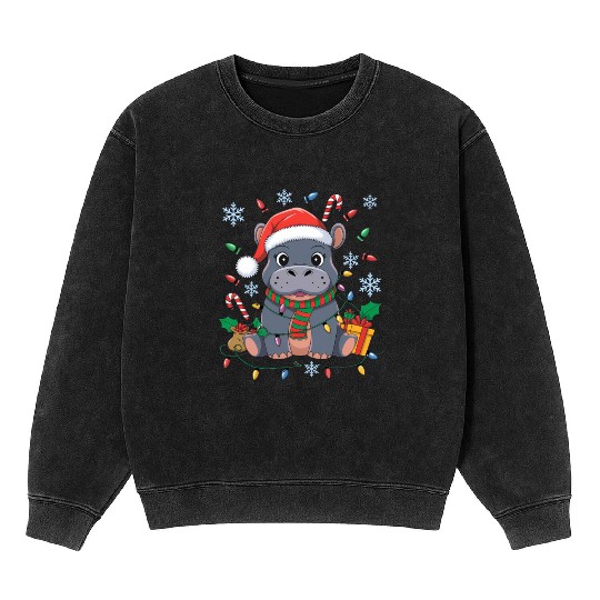 Cute Christmas Hippo - Holiday Lights and Gifts Mineral Wash Sweatshirts