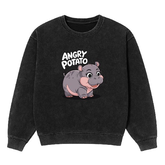 Moo Deng Angry Potato Hippo Fun Mineral Wash Sweatshirts