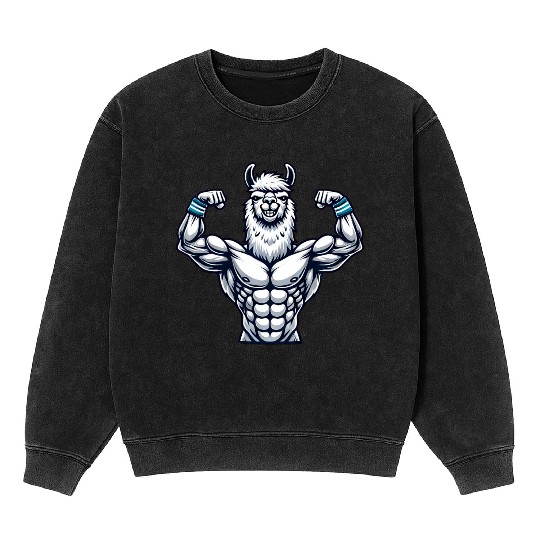 Strong muscular llama alpaca fitness bodybuilder Mineral Wash Sweatshirts