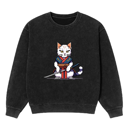 Pixel Samurai Cat Warrior Mineral Wash Sweatshirts