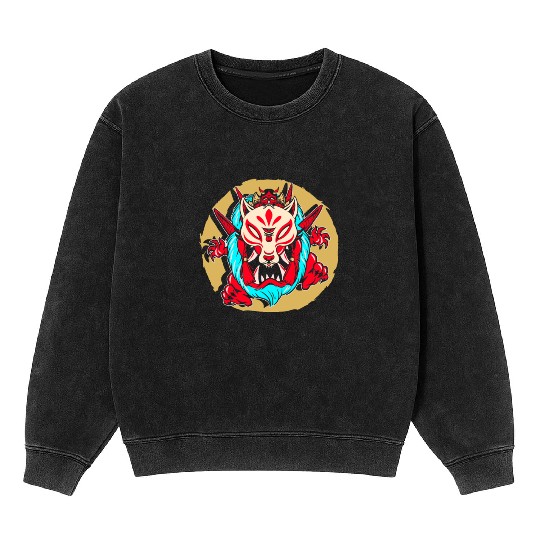 Kanji Japan Oni Demon Mask Ninja Samurai Mineral Wash Sweatshirts
