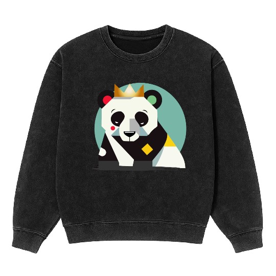 Geometric Panda with Crown - Stylish Animal Motif Mineral Wash Sweatshirts