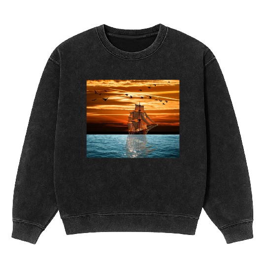 Pirate ship on sea Mineral Wash Sweatshirts
