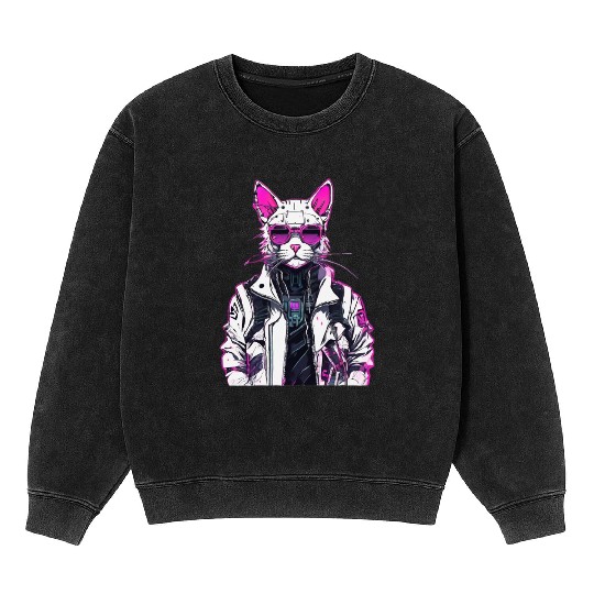 Cyberpunk Cat: Neon Outlaw Mineral Wash Sweatshirts