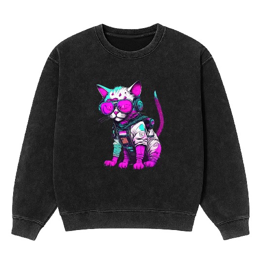 Punk Space Cat with Neon Goggles Mineral Wash Sweatshirts