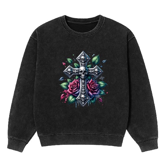 Gothic Collection - Cross, Skulls & Red Roses Mineral Wash Sweatshirts