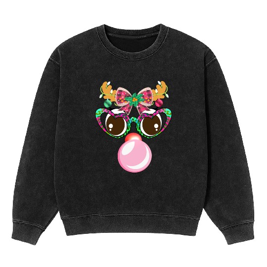 Reindeer face Blowing Bubble coquette bow Xmas Mineral Wash Sweatshirts