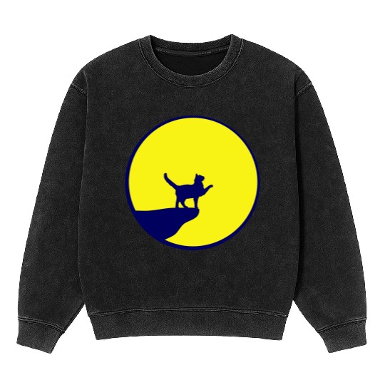 Cat Moon Cliff At Night Werewolf Round Howling Fun Mineral Wash Sweatshirts